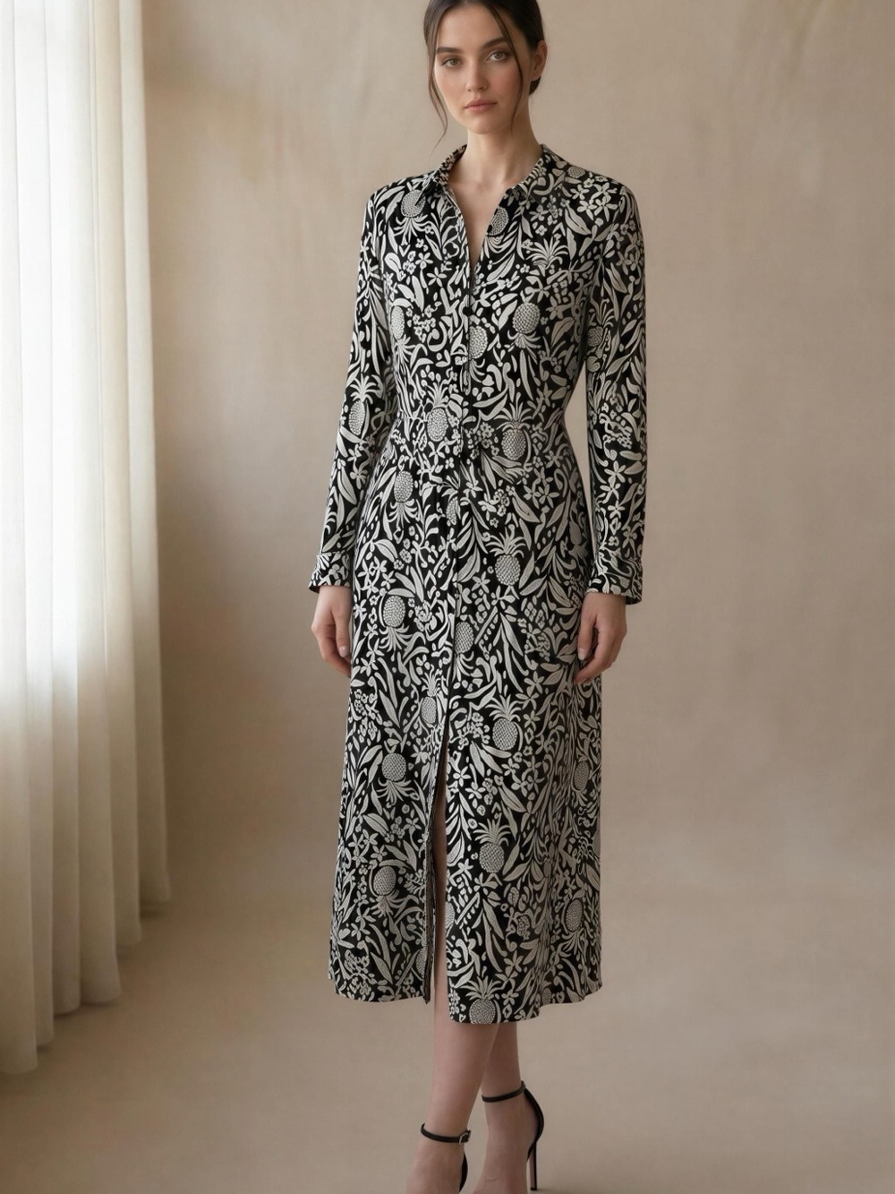 LOFT Black and White Floral Maxi Shirt Dress